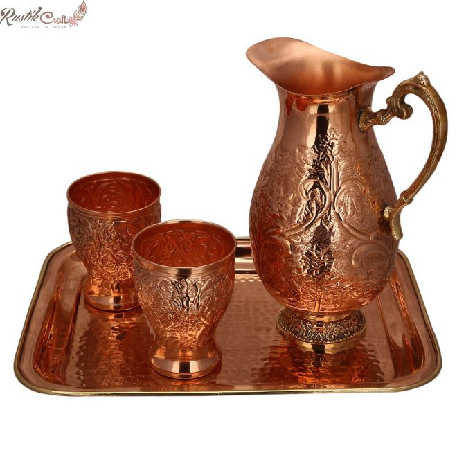 Designer Carving Jug N Chetai Glass Set With Brass Tray