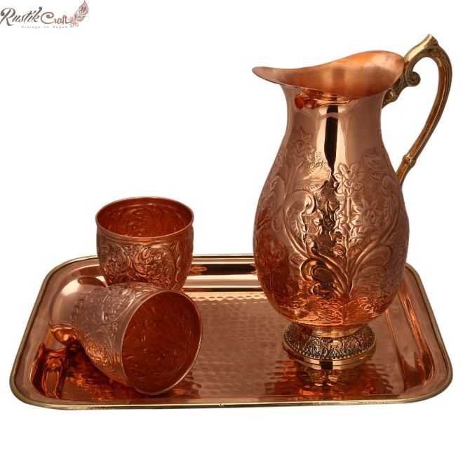 Designer Carving Jug N Chetai Glass Set With Brass Tray