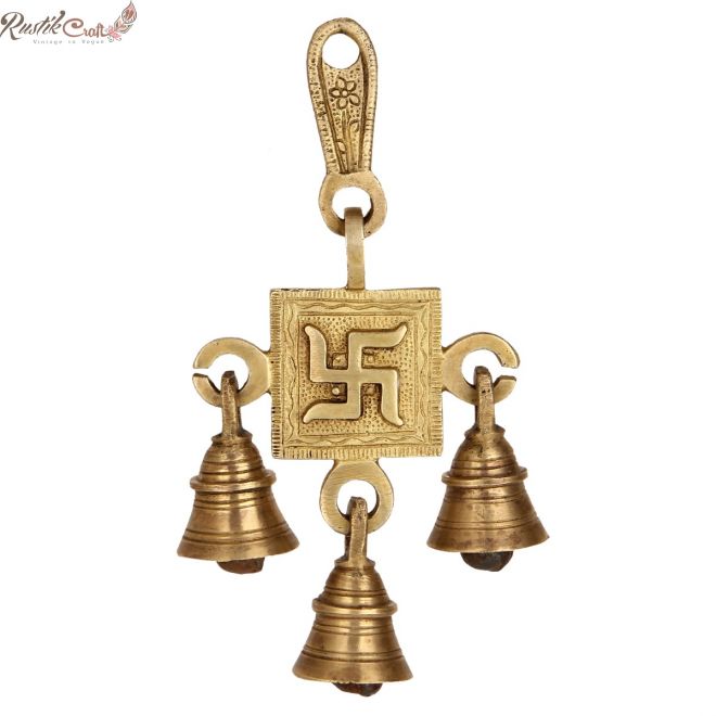 Brass Swastika Wall Hanging With 3 Bells