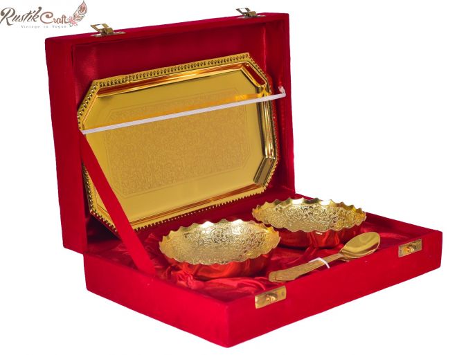 Set of Two Golden Brass Bowl N Spoon Set With Tray In Gift Box