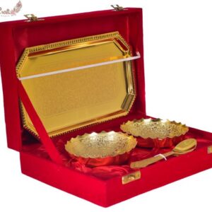 Set of Two Golden Brass Bowl N Spoon Set With Tray In Gift Box