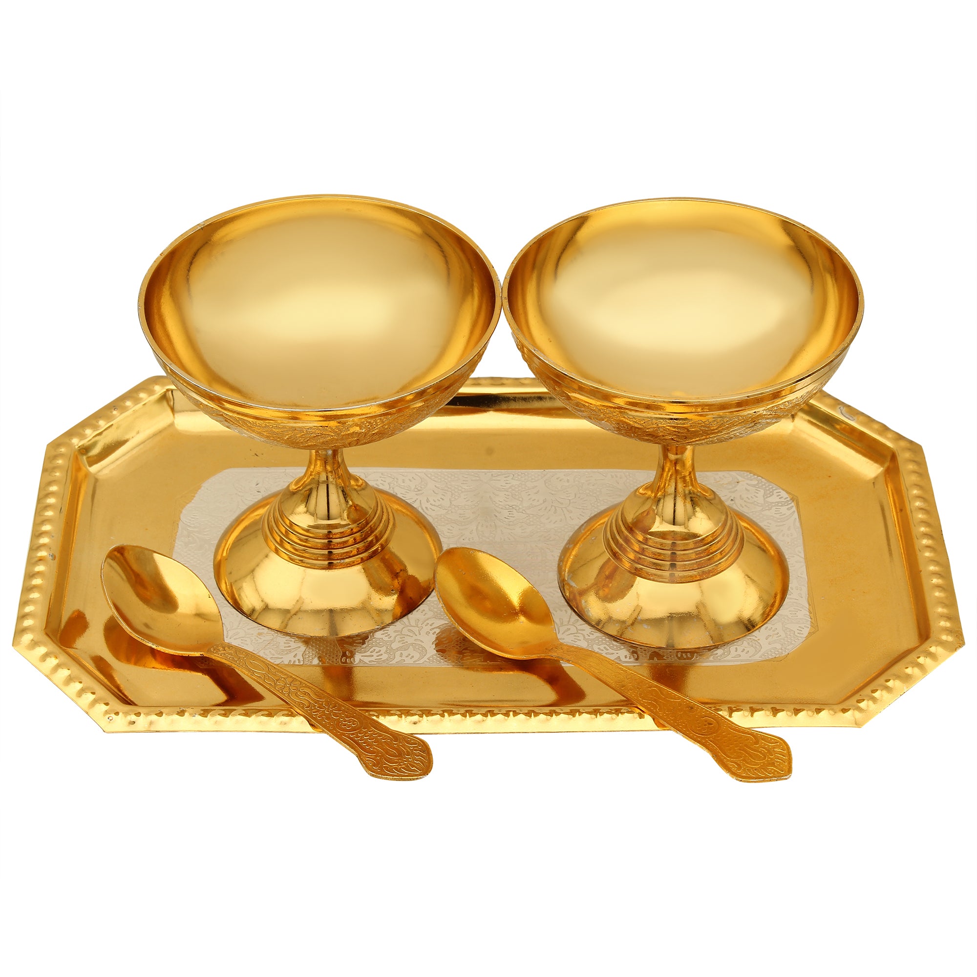 Silver and Gold Plated Brass Designer Ice Cream/Dessert Bowl Set with Tray