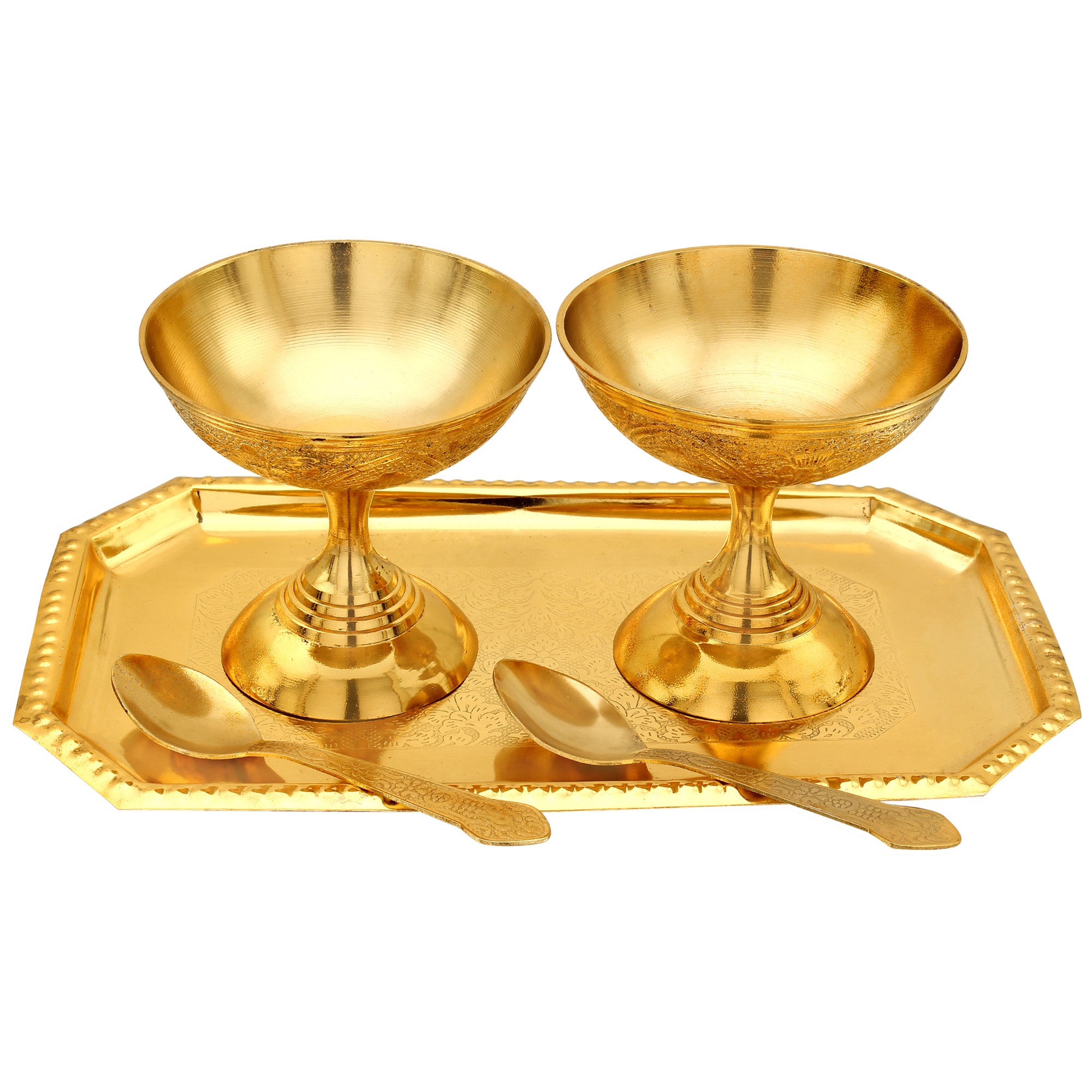 Gold Plated Brass Designer Ice Cream/Dessert Bowl Set with Tray