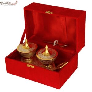 Gold Silver Trolly Tray With Attach Bowl N Spoons In Velvet Box