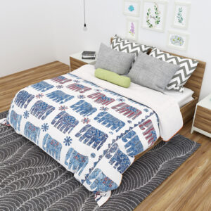 Canvas Cotton Bed Spread/Cover with Natural Colours Patchwork Elephant Pattern