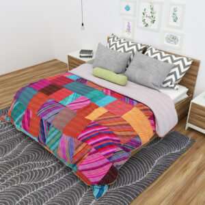 Multicolored Recycled Sari Patchwork Reversible Quilt, Bedspread